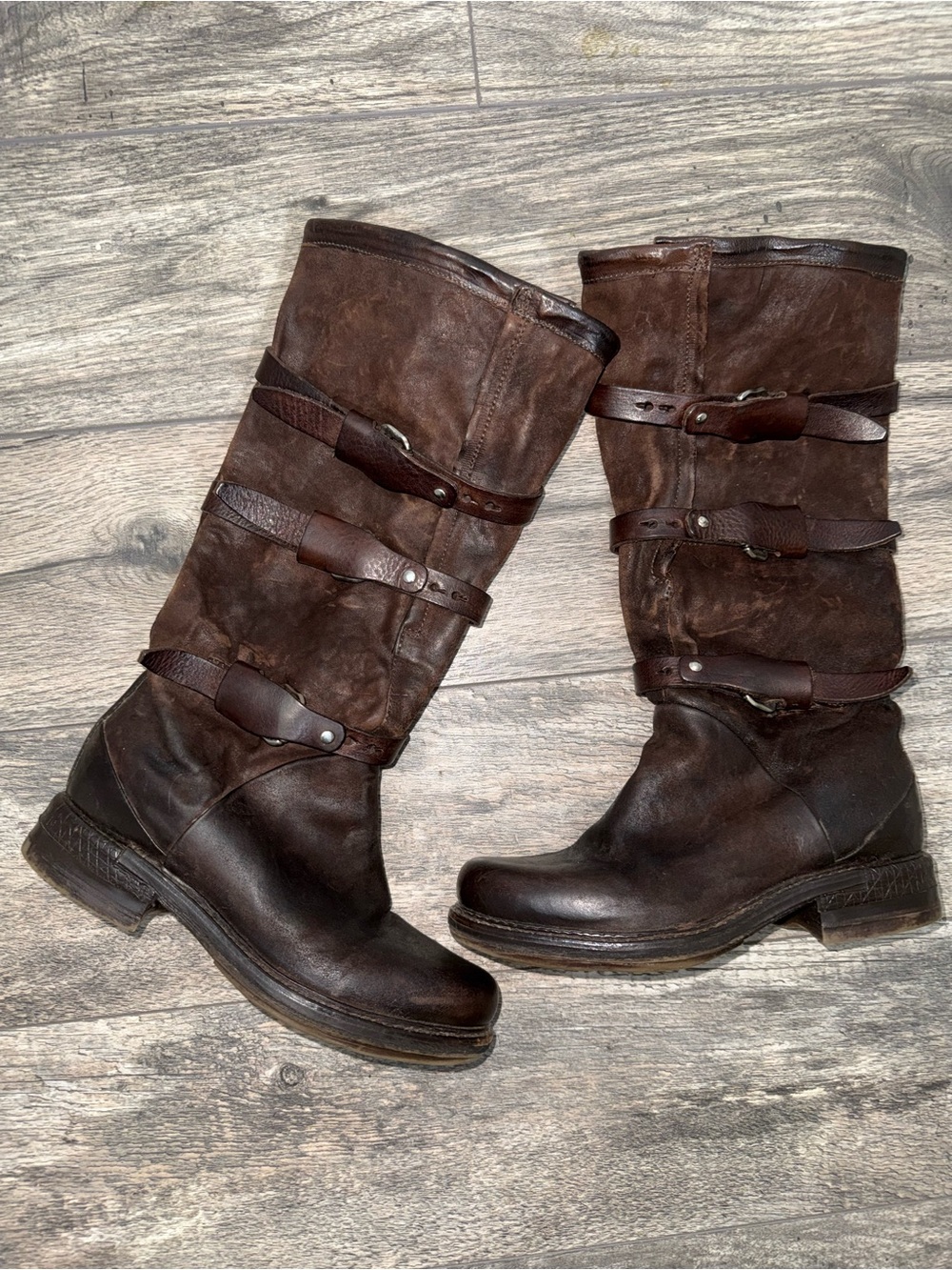 A.S. 98 Bradley Mid-Calf Distressed Boots-Brown Leather-Buckles-Size 36 US 6